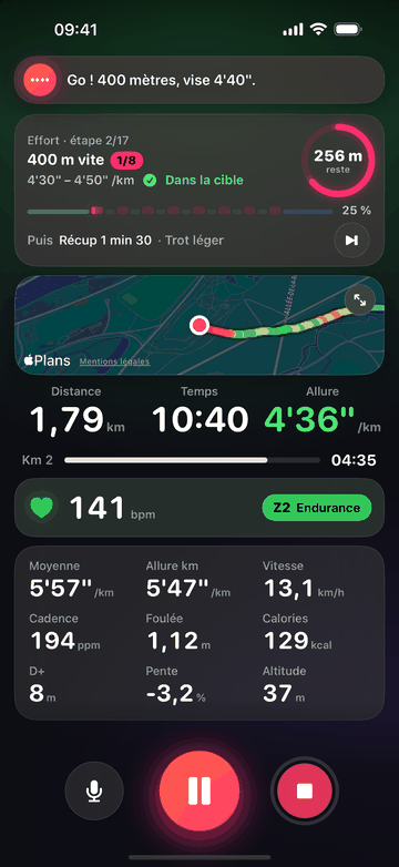 Une séance de fractionné : « Go ! 400 mètres, vise 4'40" ». Étape 2 sur 17, 256 m restants, dans la cible, avec le tracé coloré selon l’allure.