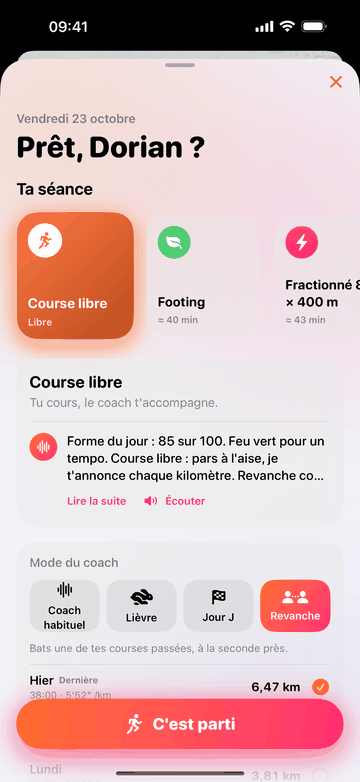Écran de départ : course libre choisie et modes du coach Coach habituel, Lièvre, Jour J et Revanche, avec Revanche activé et l’indication « Bats une de tes courses passées, à la seconde près ». En dessous, la sortie d’hier, 6,47 km.