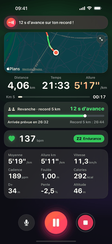 Une revanche contre le record du 5 km : « 12 s d’avance sur ton record ! », avec l’écart en direct et une arrivée prévue en 26:32.