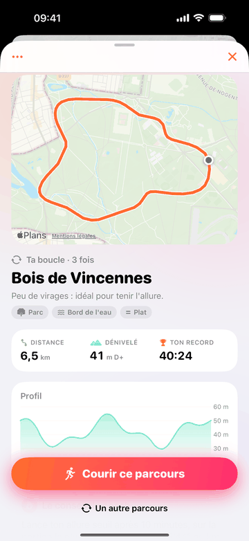 Le détail d’un parcours : « Ta boucle · 3 fois », bois de Vincennes, « Peu de virages : idéal pour tenir l’allure », 6,5 km et 41 m de D+, ton record en 40:24, le profil du dénivelé, et les boutons « Courir ce parcours » et « Un autre parcours ».