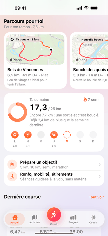 « Parcours pour toi », pour ton tempo de 7,5 km : ta boucle du bois de Vincennes, courue 3 fois, 6,5 km et 41 m D+, plate, avec peu de virages, idéale pour tenir l’allure ; et une nouvelle boucle des quais de 5,8 km. En dessous, ta semaine : 17,3 km sur 25.