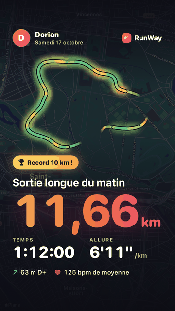 Une story à partager avec le parcours sur la carte : sortie longue du matin, 11,66 km, record du 10 km.