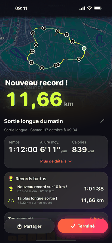 Le bilan de la course : « Nouveau record ! », 11,66 km sur la carte du parcours numérotée, avec le temps, l’allure moyenne et les calories.