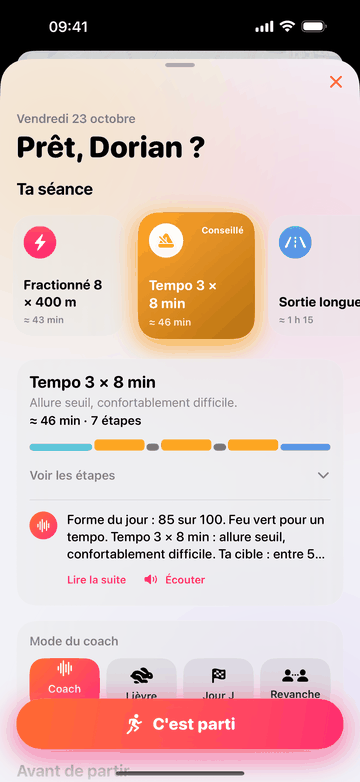 L’écran de départ conseille « Tempo 3 × 8 min » : allure seuil, confortablement difficile, environ 46 minutes en 7 étapes, sous forme d’une barre colorée. Le coach ajoute : « Forme du jour : 85 sur 100. Feu vert pour un tempo. » En dessous, les modes du coach.