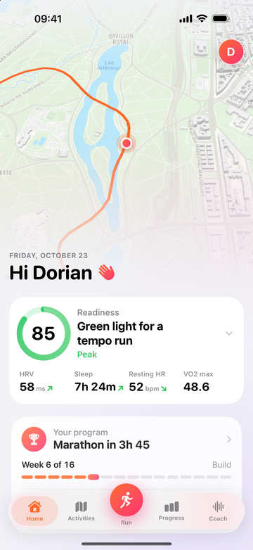The home screen: readiness 85, “Green light for a tempo run”, with HRV, sleep, resting heart rate and VO2 max, and a marathon plan at week 6 of 16.
