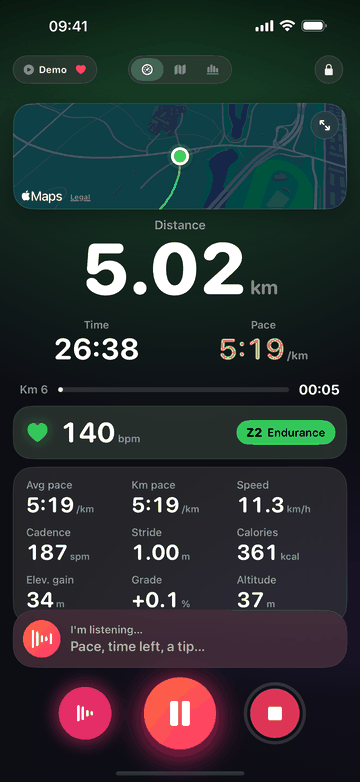 Holding the mic button during a run: a panel reads “I’m listening… Pace, time left, a tip…” below the live stats.