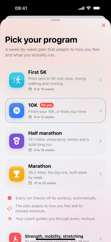 “Pick your program”: First 5K in 8 to 10 weeks, 10K in 6 to 12 weeks, half marathon in 8 to 16 weeks, marathon in 12 to 20 weeks. Below: every run checks off its workout, the plan adapts to how you feel and to missed workouts, and your coach guides you through every workout.