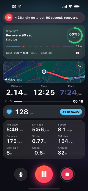 A recovery step. The coach says: “4:36, right on target. 90 seconds recovery.” On screen: step 3 of 17, recovery 90 seconds, easy jog, 55 seconds left, next 400 m fast at 4:30 to 4:50 per kilometer, and a heart rate of 128 in zone 1.