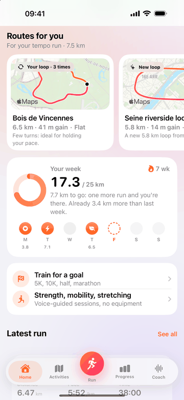 “Routes for you”, for a 7.5 km tempo run: your loop in the Bois de Vincennes, run 3 times, 6.5 km with 41 m of elevation gain, flat, with few turns, ideal for holding your pace; and a new 5.8 km Seine riverside loop. Below, your week: 17.3 of 25 km.