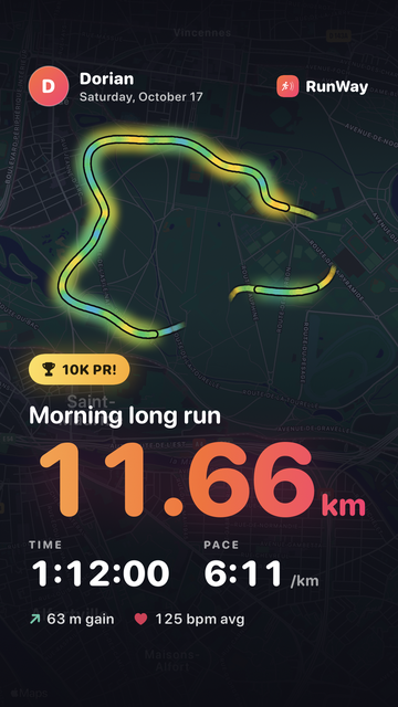 A shareable story with the route on a map: Morning long run, 11.66 km, 10K PR.