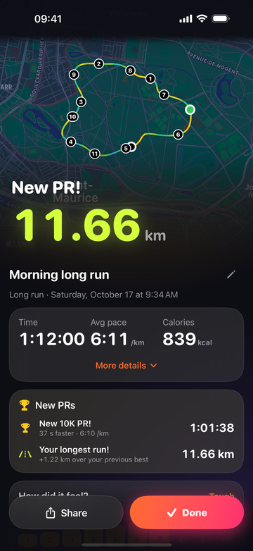 The run summary: “New PR!”, 11.66 km on a numbered route map, with time, average pace and calories.