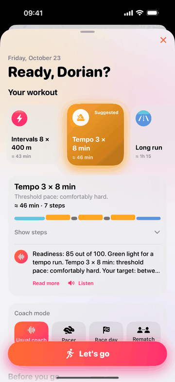 The start screen suggests “Tempo 3 × 8 min”: threshold pace, comfortably hard, about 46 minutes in 7 steps, shown as a colored bar. The coach’s note reads: “Readiness: 85 out of 100. Green light for a tempo run.” Below, the coach modes.